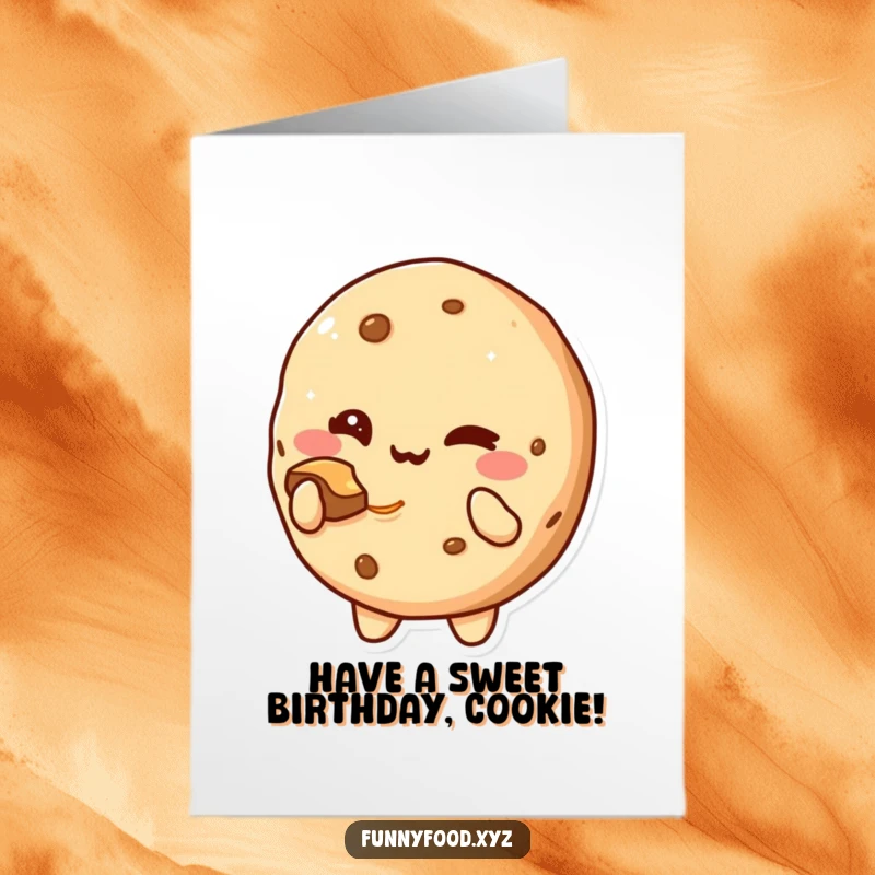 Funny Free Printable Cookie Birthday Card: A cute cookie character offers a bite with a playful wink, ready to celebrate.