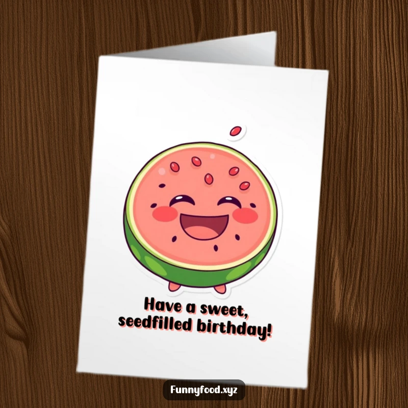 Funny Free Printable Birthday Card: A laughing slice of watermelon with seeds playfully popping out grins widely.