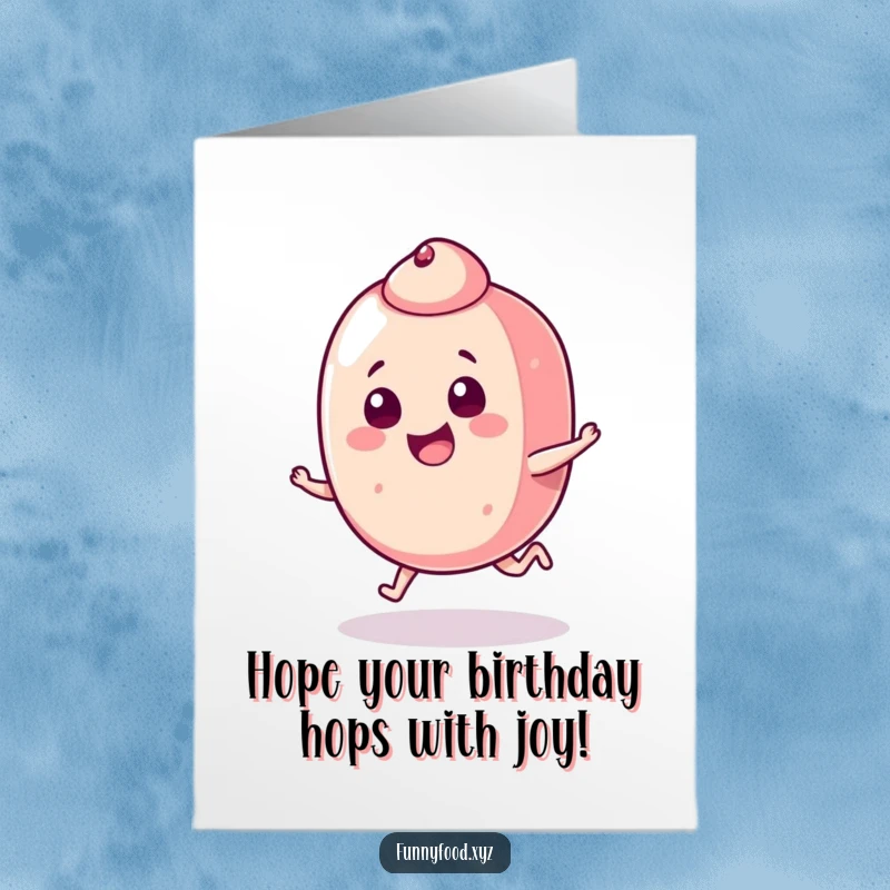 Free Printable Birthday Card featuring a small, playful candy piece doing a happy, mischievous little hop, full of energy.