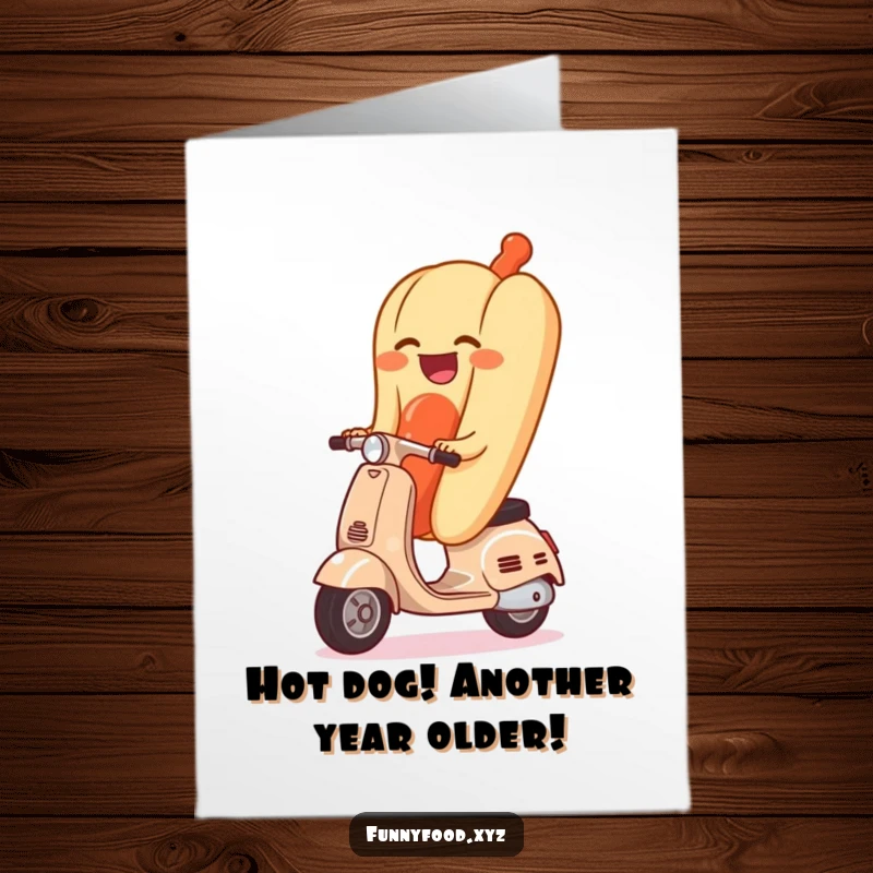 Funny Free Printable Birthday Card: A giggling hot dog rides a tiny scooter, spreading birthday cheer with downloadable humor.