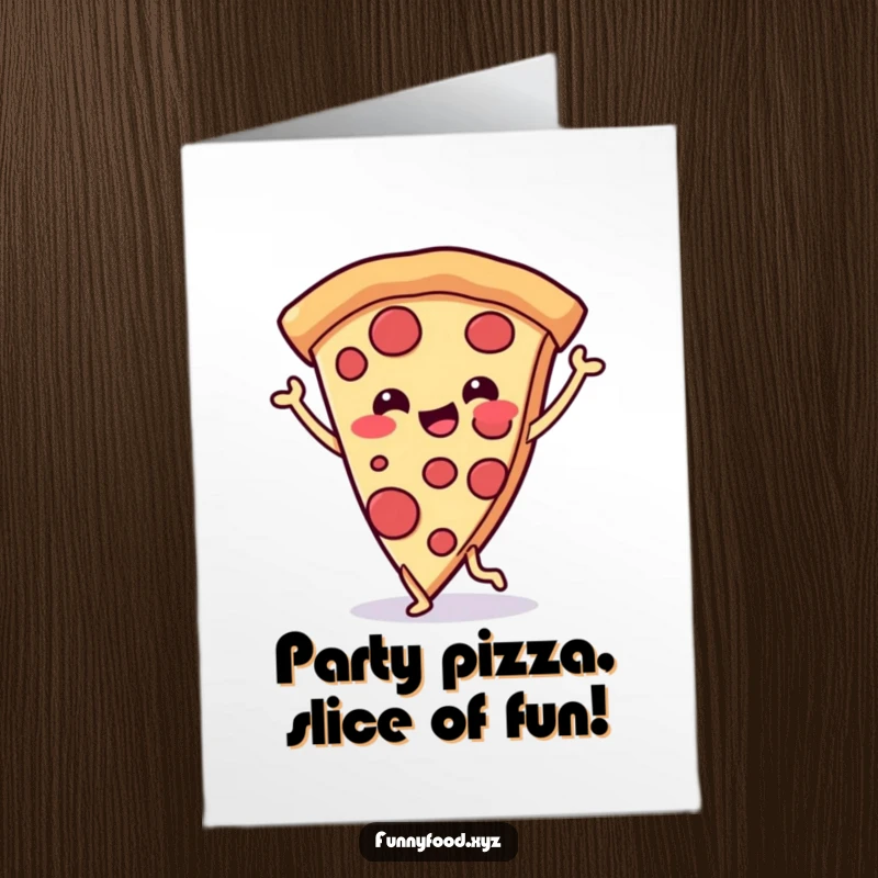 Funny Free Printable Birthday Card: A cheerful pizza slice with legs joyfully dances, spreading birthday cheer.