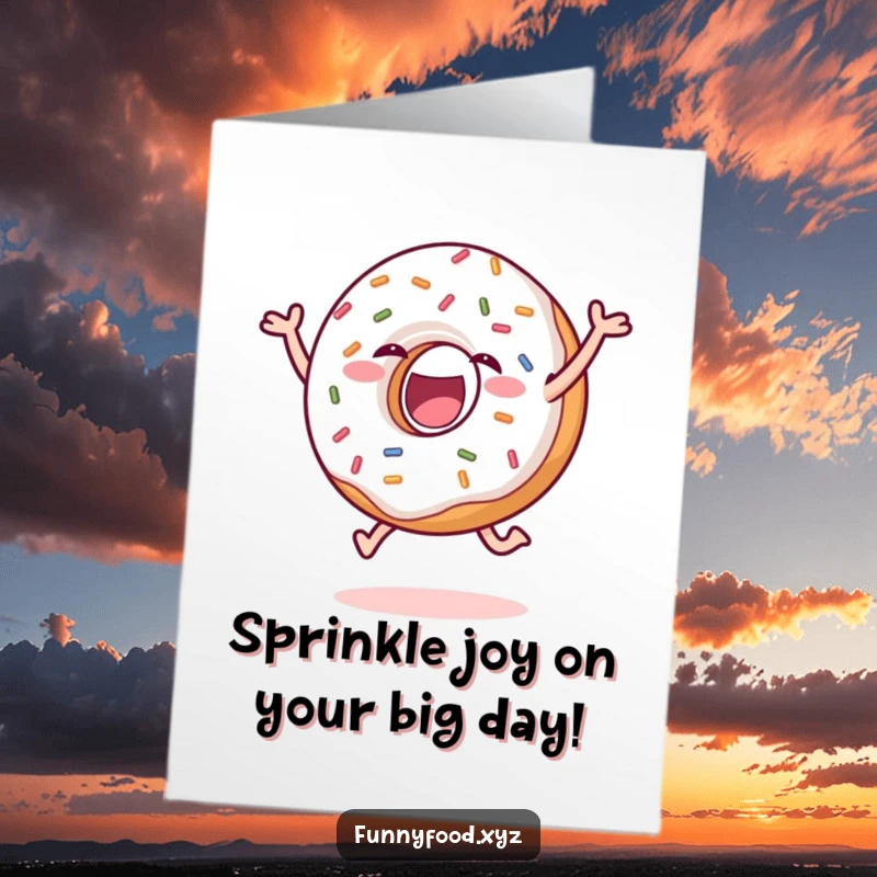 Funny Free Printable Happy Birthday card with a delighted, sprinkle-covered donut doing a joyful leap, ready to party.