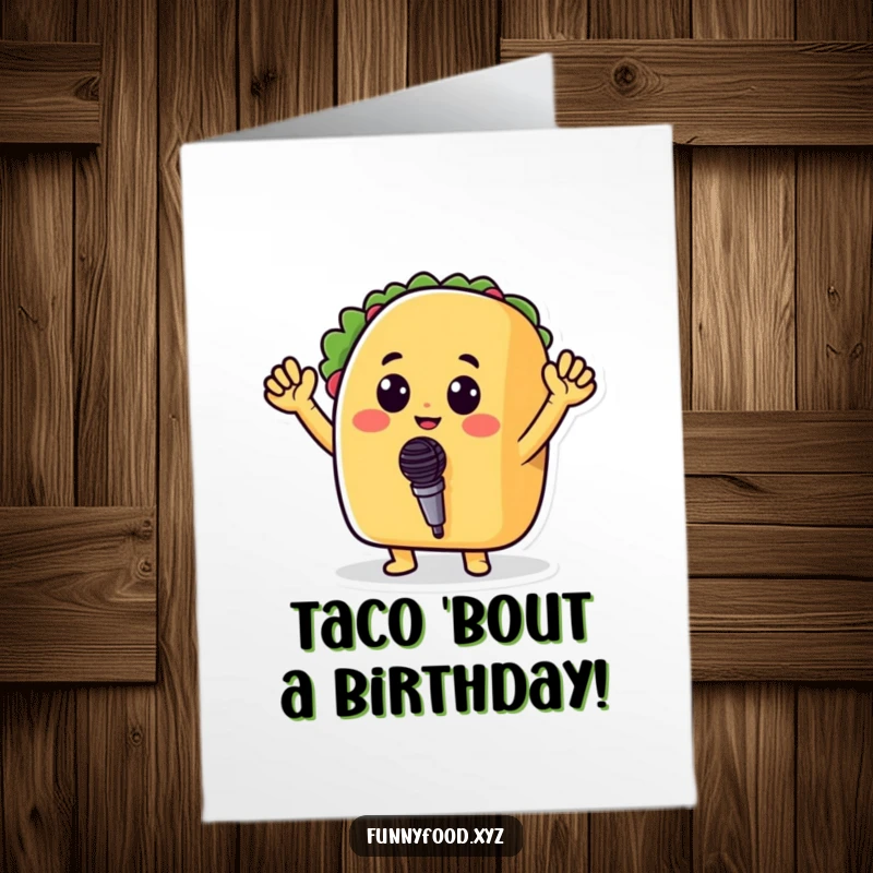 Funny Free Printable Birthday Card: Cheerful taco with arms waving, holding a microphone, ready to belt out a tune. A festive food.
