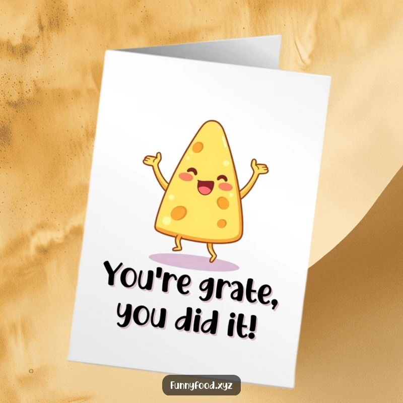 Funny Free Printable Congratulations Card: A delighted cheese wedge performing an enthusiastic, silly dance move.