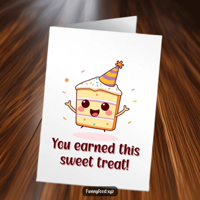 Funny Free Printable Congrats Card: A happy cake slice in a party hat bounces with sprinkles, a cheerful downloadable design.