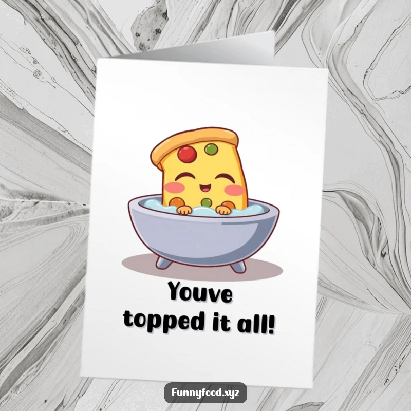 Funny Free Printable Congratulations Card: A cheerful pizza slice luxuriates in a hot tub, spreading good vibes.