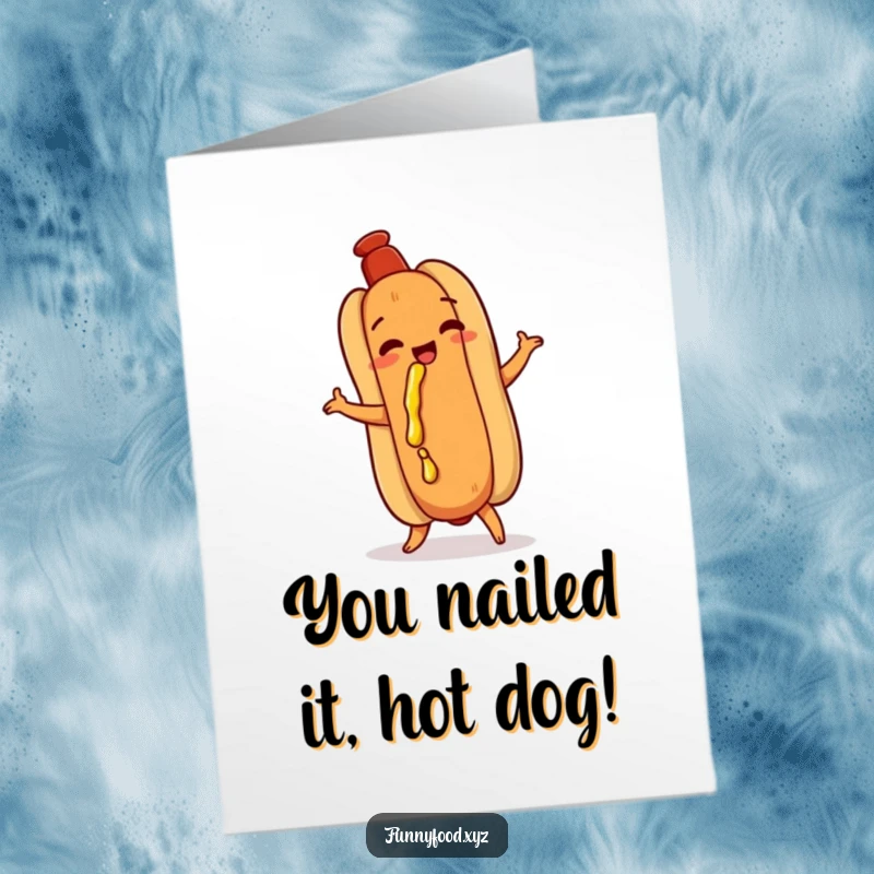 Funny Free Printable Congrats Card: A playful hot dog performs a funny shimmy with a mustard dribble, a lively downloadable.