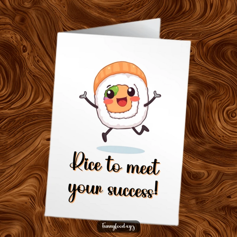 Funny Free Printable Congratulations Card: An enthusiastic sushi roll character with legs is running fast to celebrate a big win.