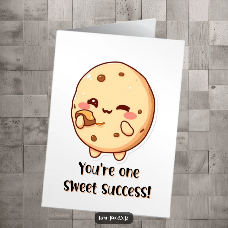 Funny Free Printable Cookie Congratulations Card: A cute cookie character offers a bite with a wink, celebrating success.