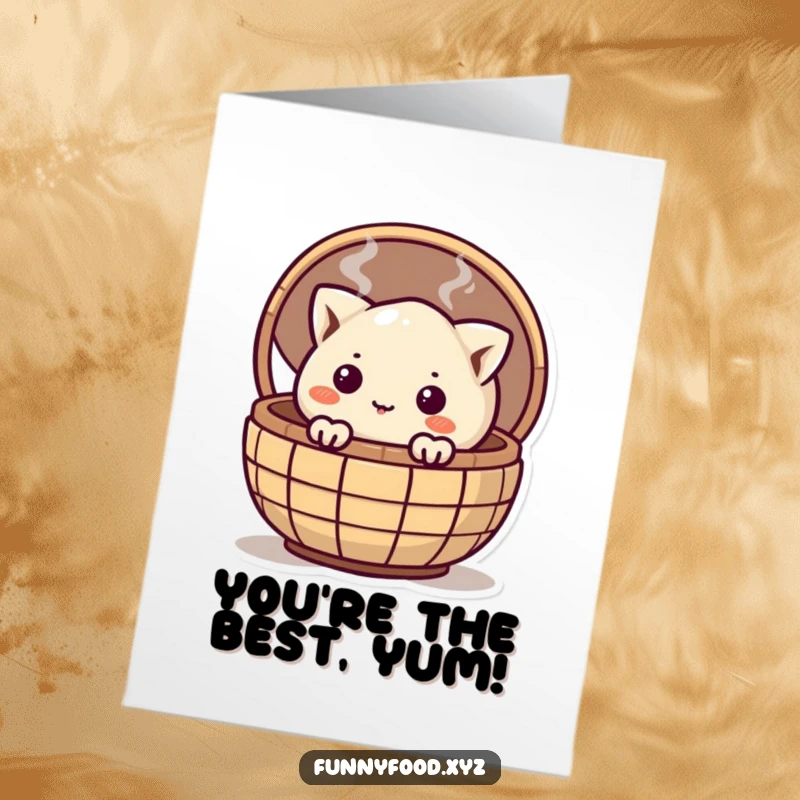 Funny Free Printable congratulations card with a curious dumpling peeking from a basket, celebrating a new milestone.