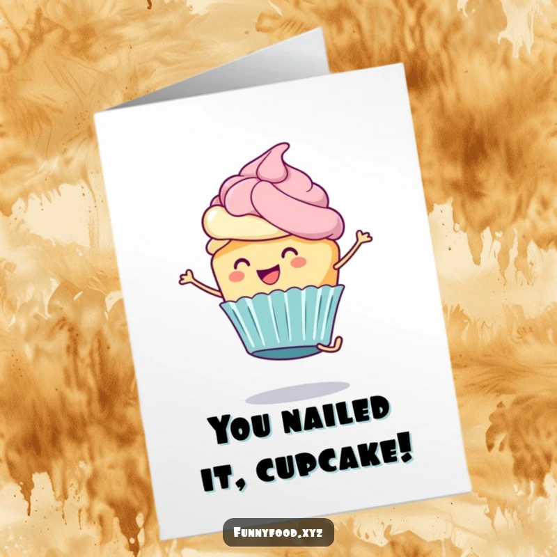 Funny Free Printable Congratulations Card: A cheerful cupcake character with frosting performing a cartwheel, celebrating success.