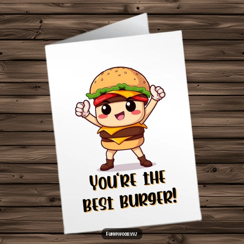 Funny Free Printable congratulations card showing a proud burger character posing heroically, celebrating a monumental success.