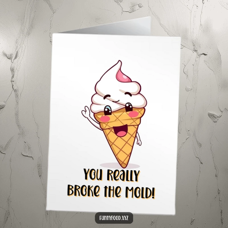 Funny free printable goofy ice cream cone waving its scoop, congratulating success.