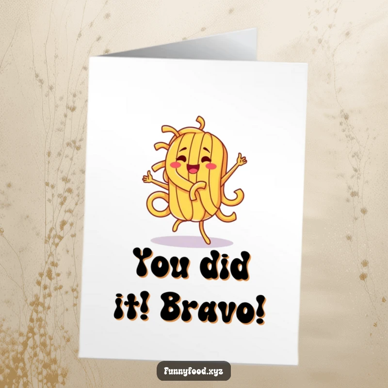 Funny Free Printable congratulations card with a cheerful pasta character busting a move, celebrating your success.