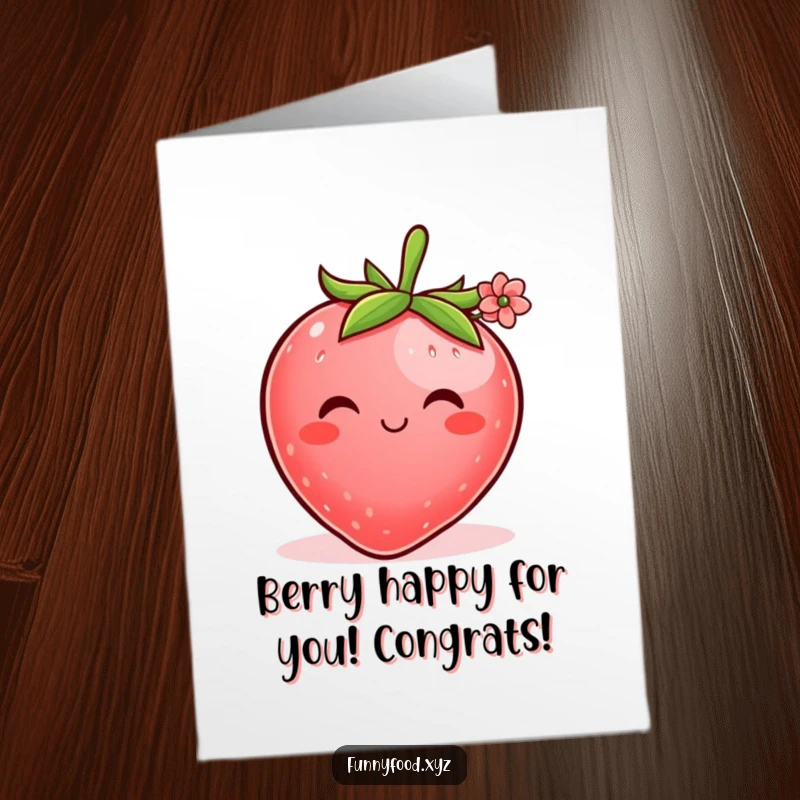 Funny free printable congratulations card with a shy strawberry presenting a tiny flower.