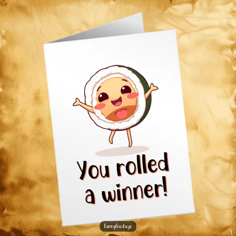 Funny free printable congratulations card showing a happy sushi roll performing an energetic cartwheel. Ideal for celebrating any success with laughter.