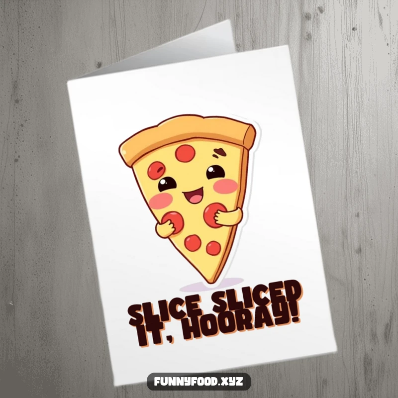 Funny free printable congratulations card showing a happy pizza slice giving a big, warm hug. A delightful way to celebrate achievements.