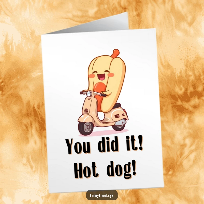 Funny Free Printable Congratulations Card: A giggling hot dog zooms on a scooter, celebrating success with downloadable cheer.