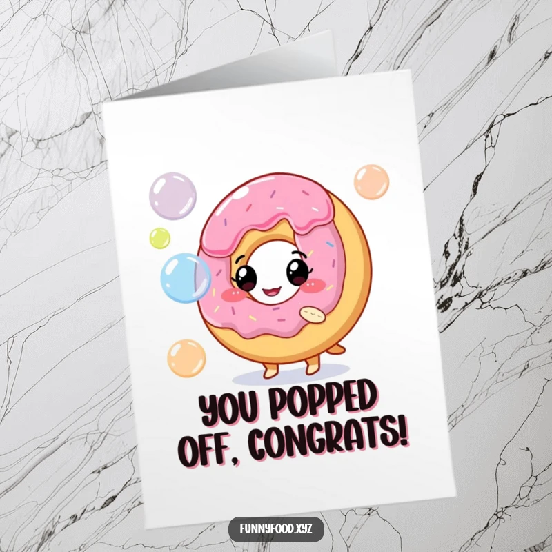 Funny free printable congratulations card showing a playful donut character blowing a stream of colorful bubbles. A whimsical way to say congrats.