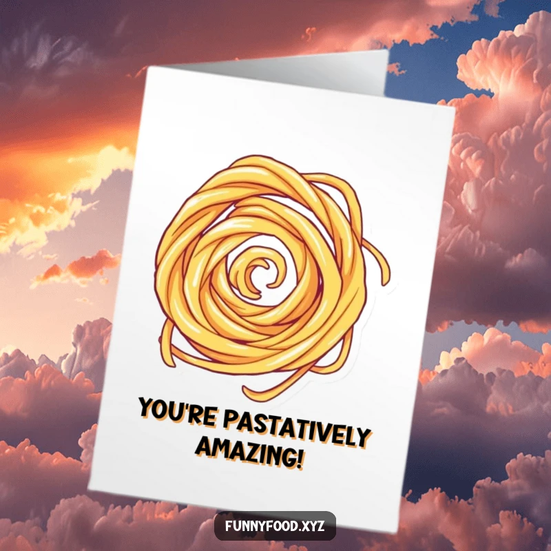 Funny free printable congratulations card showing a playful pasta swirl in rapid motion, celebrating success.