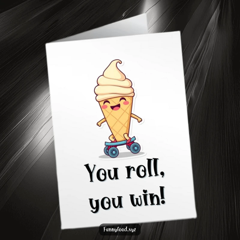 Funny Free Printable Congratulations Card: Joyful ice cream cone on a roller skate, celebrating a sweet win!