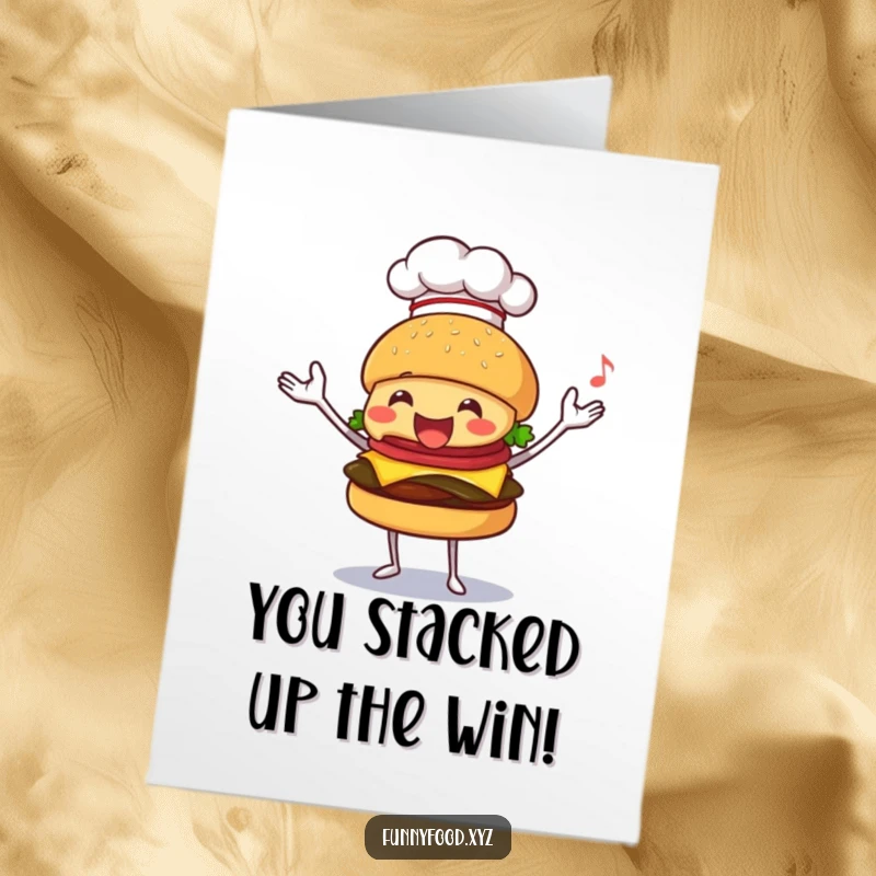 Funny Free Printable Congratulations Card: Burger with chef hat juggling, celebrating a big win. A playful, food and skill-themed design.