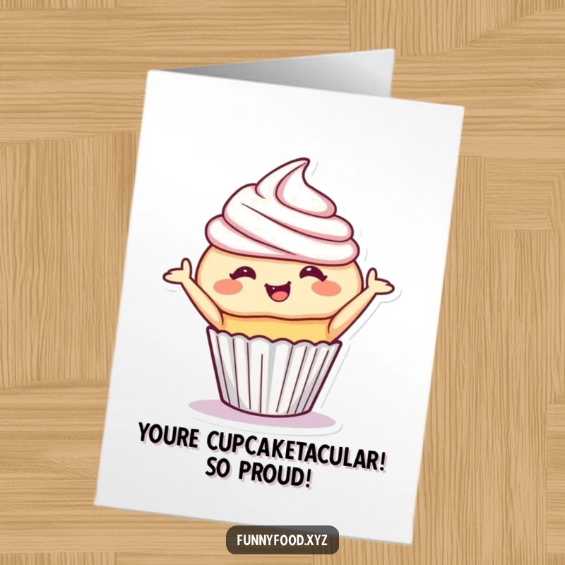 Funny Free Printable Congratulations card featuring a giggling cupcake performing a charming and playful bow.