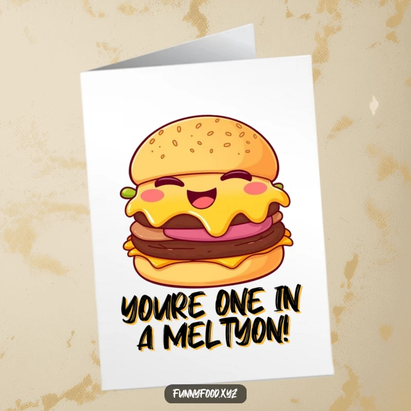 Funny Free Printable Congratulations Card: A giggling cheeseburger winks with a mischievous grin, melting cheese adding flair.