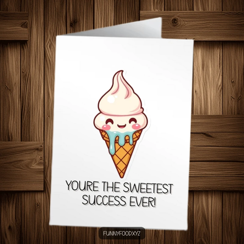 Funny Free Printable Congratulations card: A charming ice cream cone character melting with happiness, spreading cheer for any occasion.