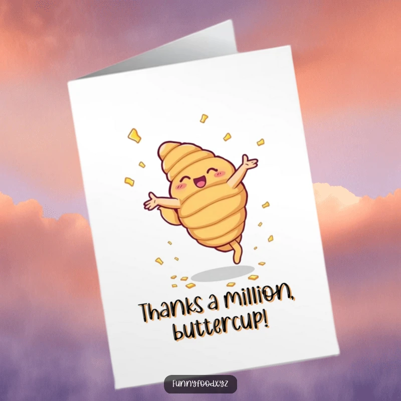 Funny Free Printable Thank You Card: A beaming croissant doing cartwheels, showering flakes to express thanks.