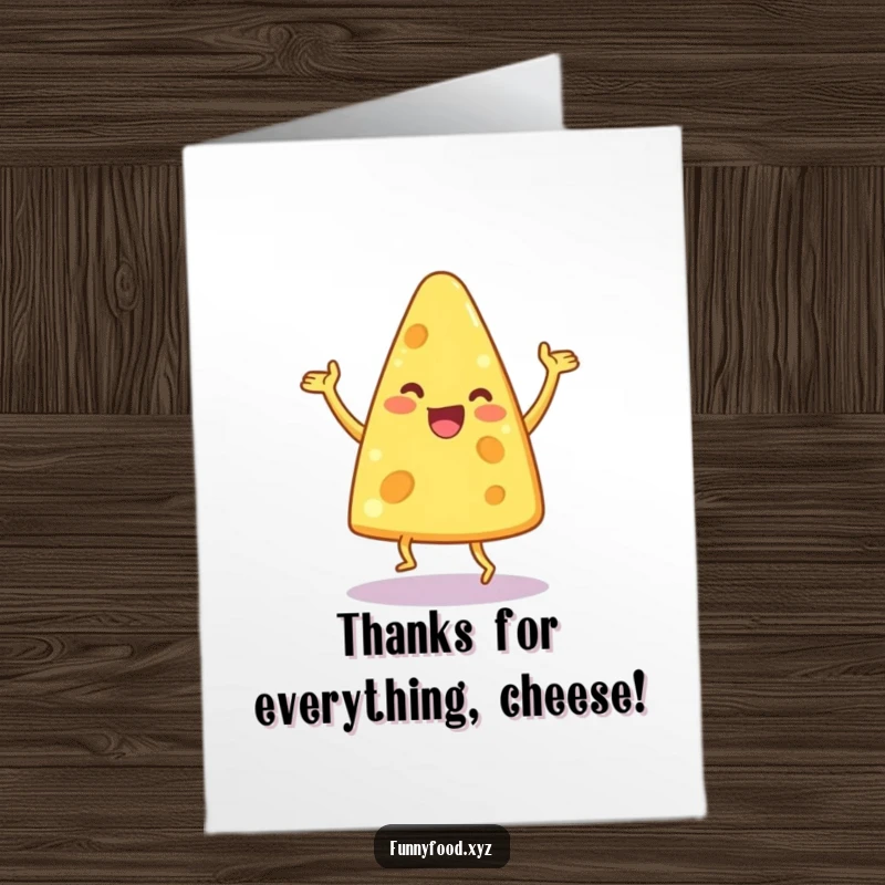 Funny Free Printable Thank You Card: A happy cheese wedge doing a goofy, energetic dance with gusto.