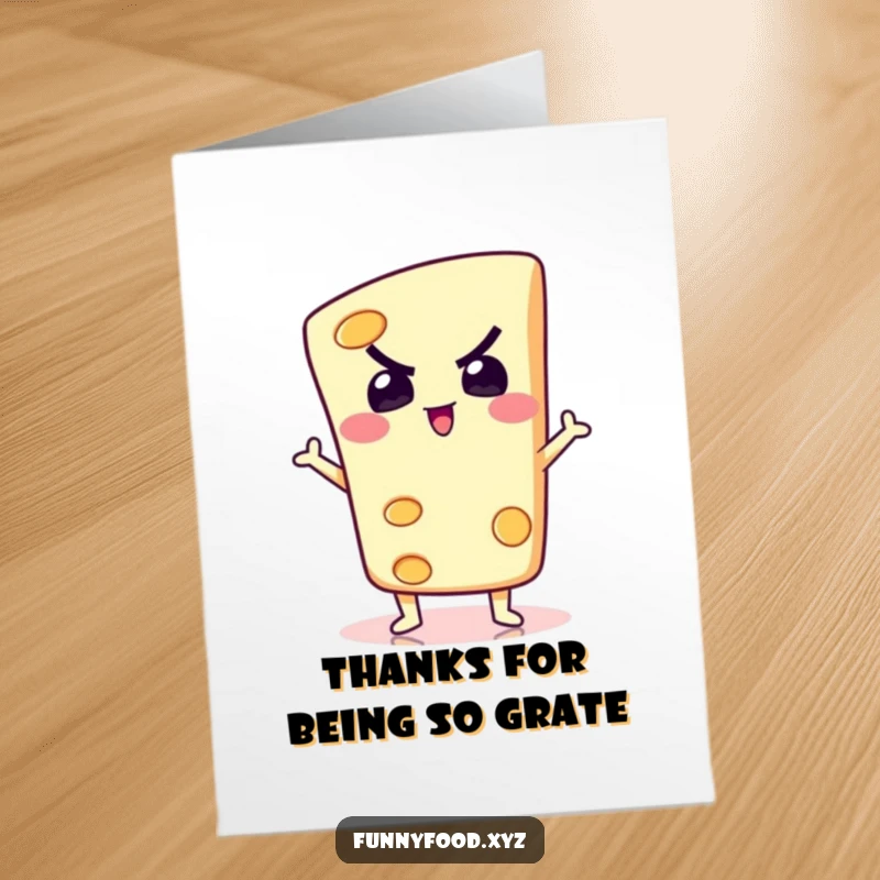 Funny Free Printable Thank You Card: A determined slice of cheese strikes a silly pose, conveying thanks with cheesy charm.