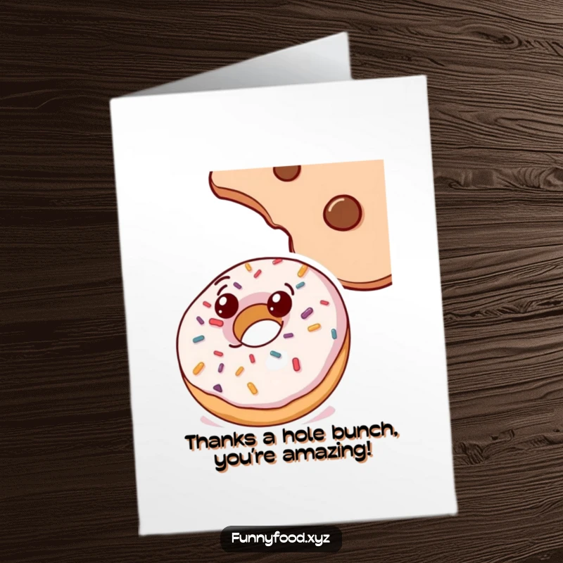 Funny Free Printable Thank You Card: A curious doughnut with sprinkles observes a cookie, a cute downloadable art piece.