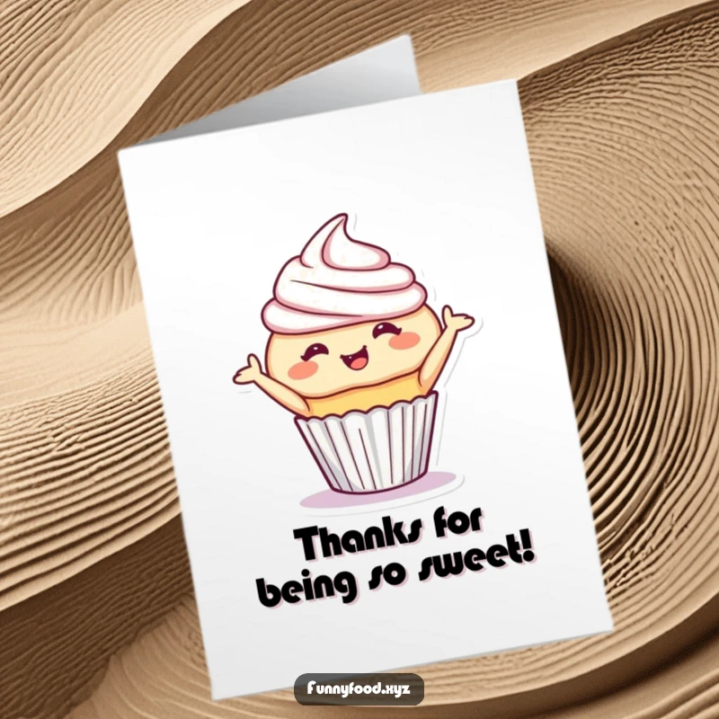Funny Free Printable Thank You card with a giggling cupcake doing a sweet, playful bow.