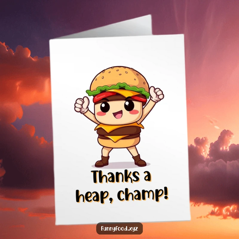 Funny Free Printable thank you card with a proud burger hero striking a powerful pose, showing deep appreciation.