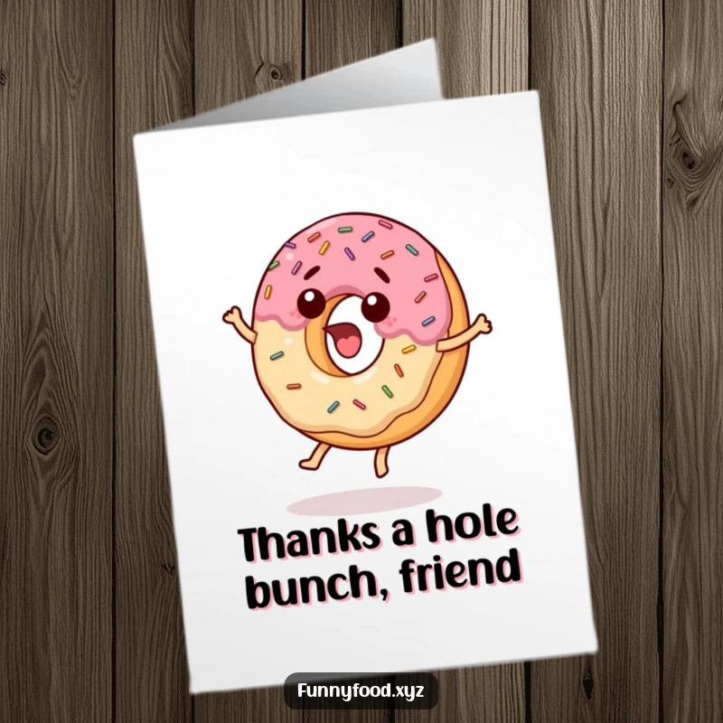 Funny Free Printable Thank You Card: Surprised donut with sprinkles jumping, conveying heartfelt thanks. A cute, sugary, and humorous card.