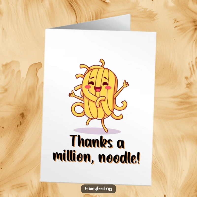 Funny Free Printable thank you card showcasing a pasta character doing a silly, energetic dance of gratitude.