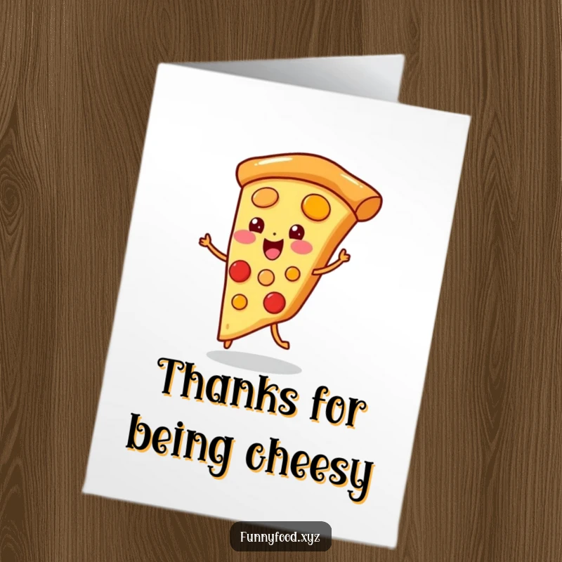 Funny Free Printable Thank You Card: A pizza slice doing a happy jig, conveying thanks in a fun, energetic way.