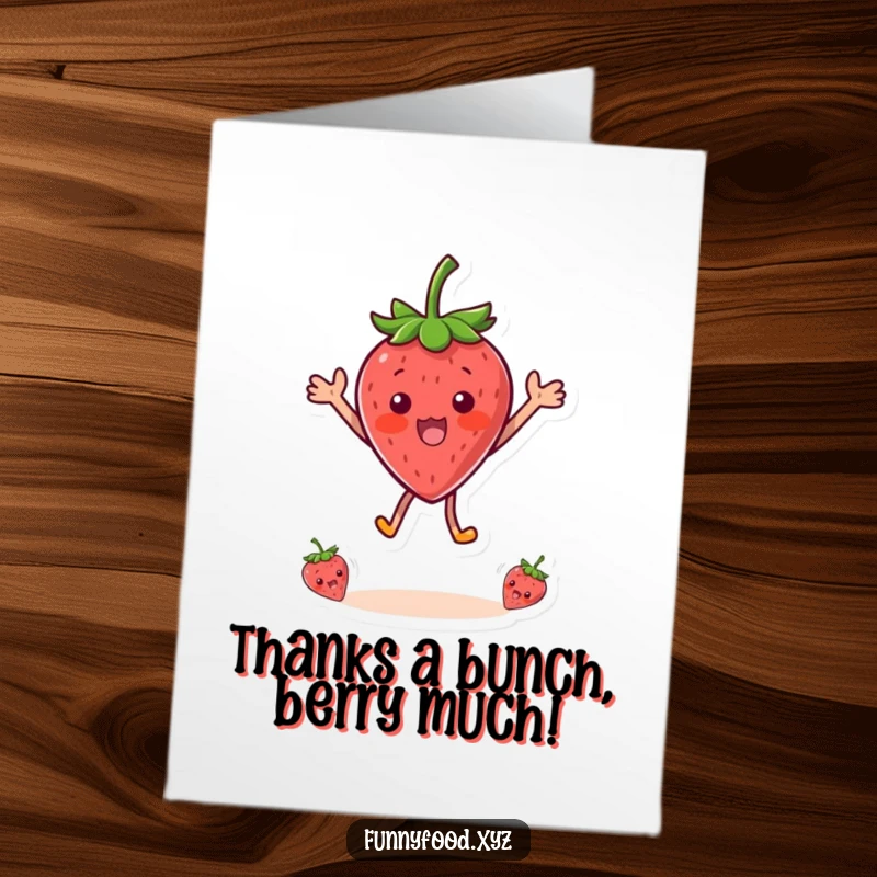 Funny Free Printable Thank You Card: A shocked strawberry person jumps up, conveying surprised and sincere thanks in a quirky way.