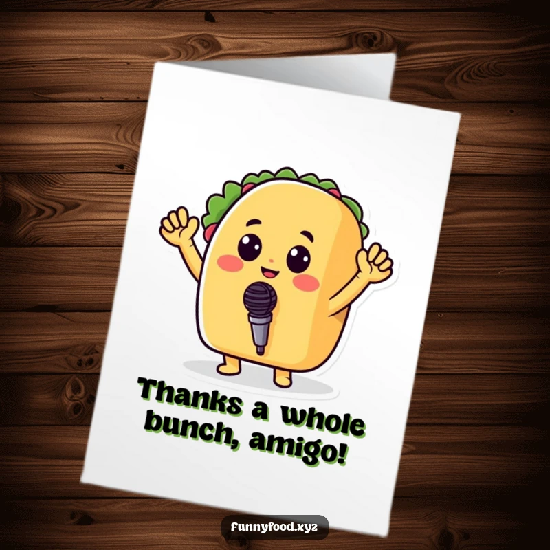 Funny Free Printable Thank You Card: Taco waving arms, holding microphone, singing thanks. A charming and humorous food illustration.