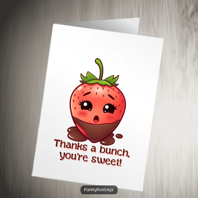 Funny Free Printable Thank You Card: Wide-eyed strawberry anticipating a chocolate bath, a quirky free downloadable.