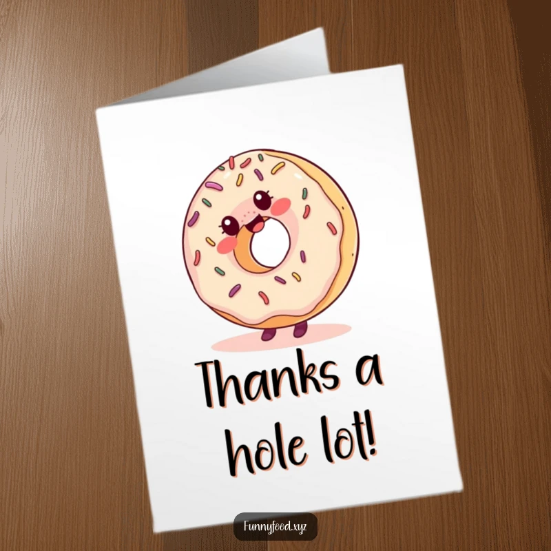 Funny Free Printable Thank You Card: A giggling donut with sprinkles does a cartwheel, sending thanks with joy.