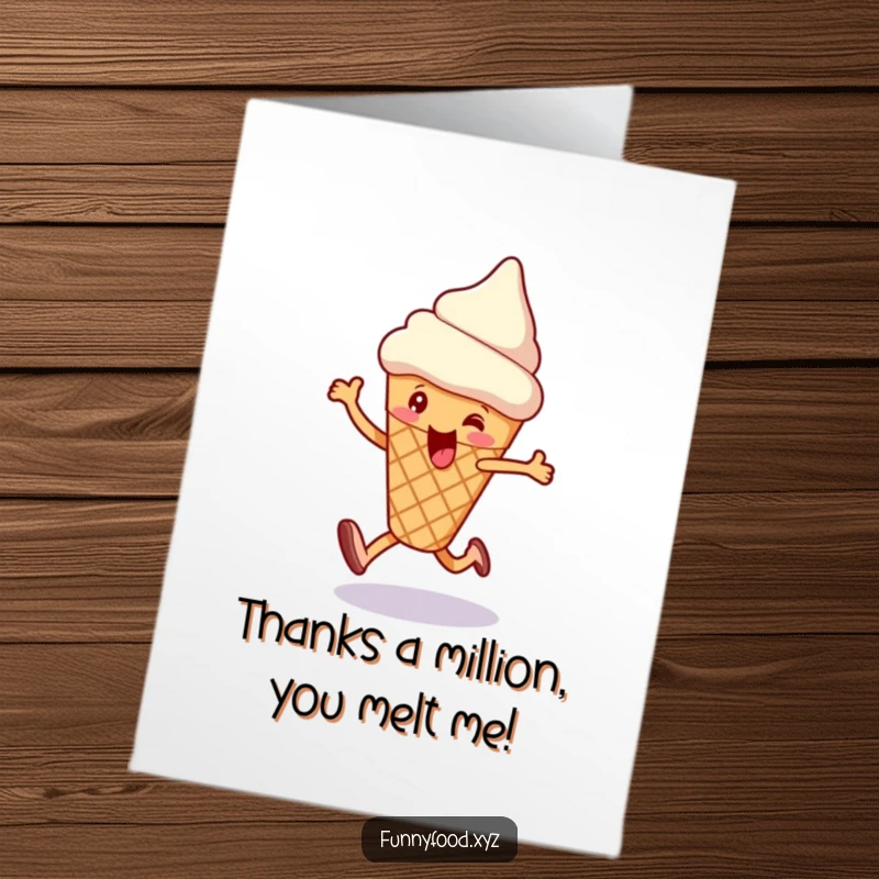 Funny Free Printable Thank You Card: A cheerful ice cream cone happily skips, conveying sweet and enthusiastic thanks.