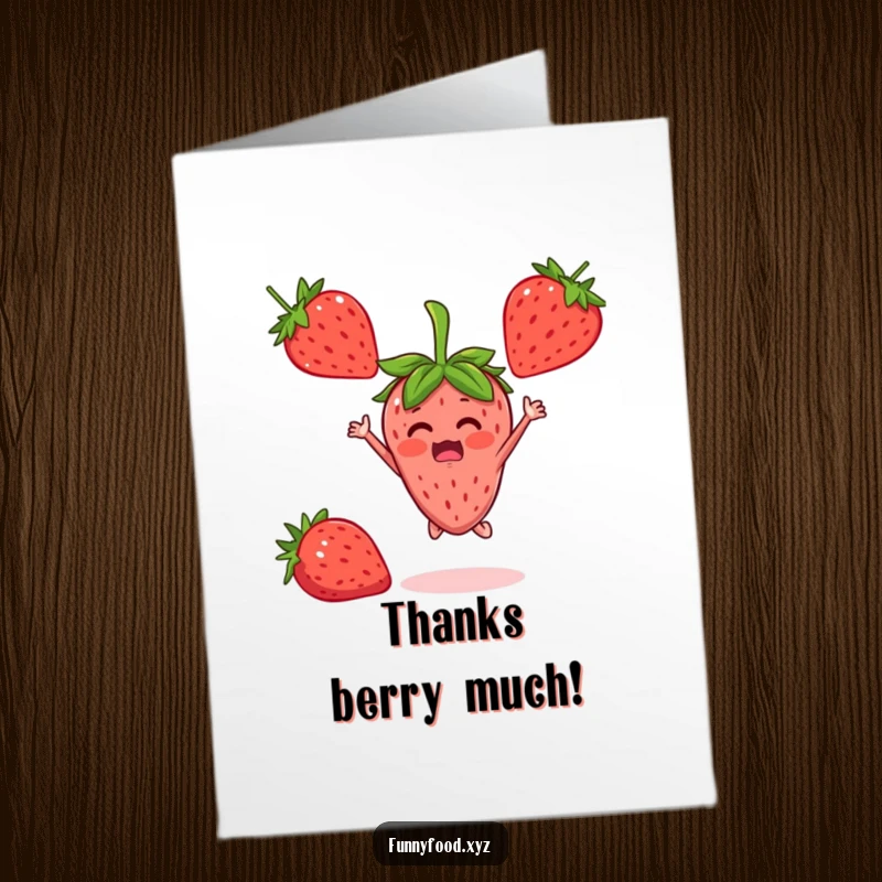 Funny Free Printable Thank You Card: A surprised strawberry character jumps with delight, expressing heartfelt thanks.