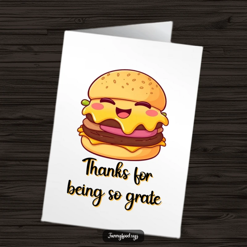 Funny Free Printable Thank You Card: A cheeseburger winks cheekily, its melting cheese conveying a fun thank you.