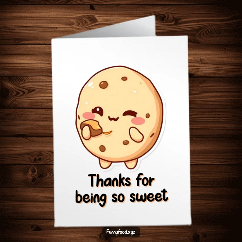 Funny Free Printable Cookie Thank You Card: A cute cookie character offers a bite with a wink, showing thanks sweetly.