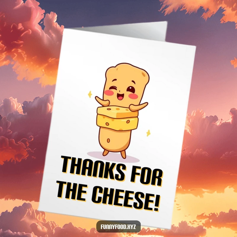 Funny Free Printable thank you card with a baguette character grinning while juggling an impressive stack of cheese.