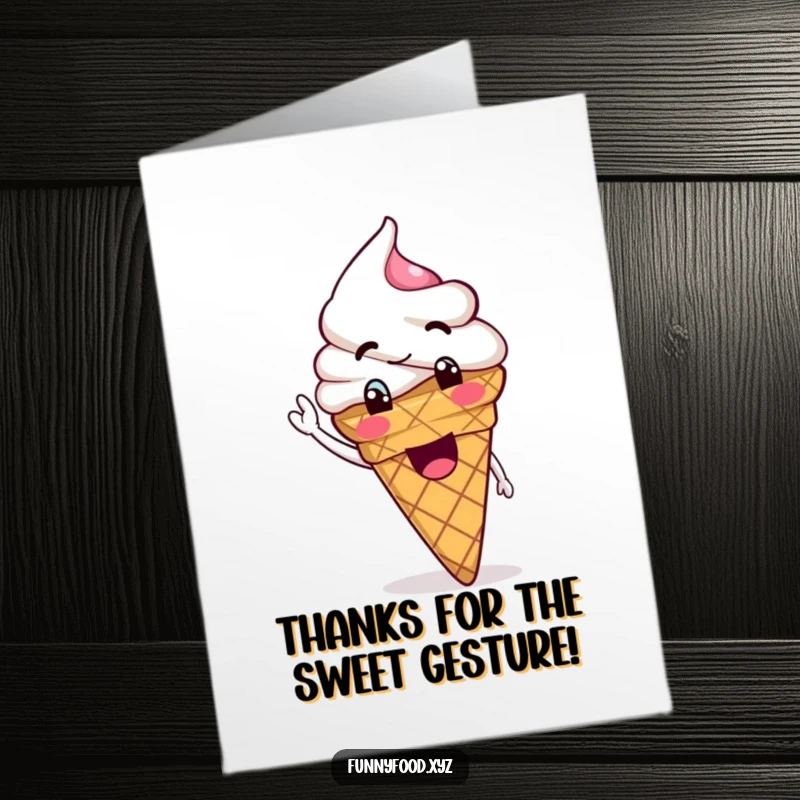 Funny free printable goofy ice cream cone waving its scoop, thanking someone.