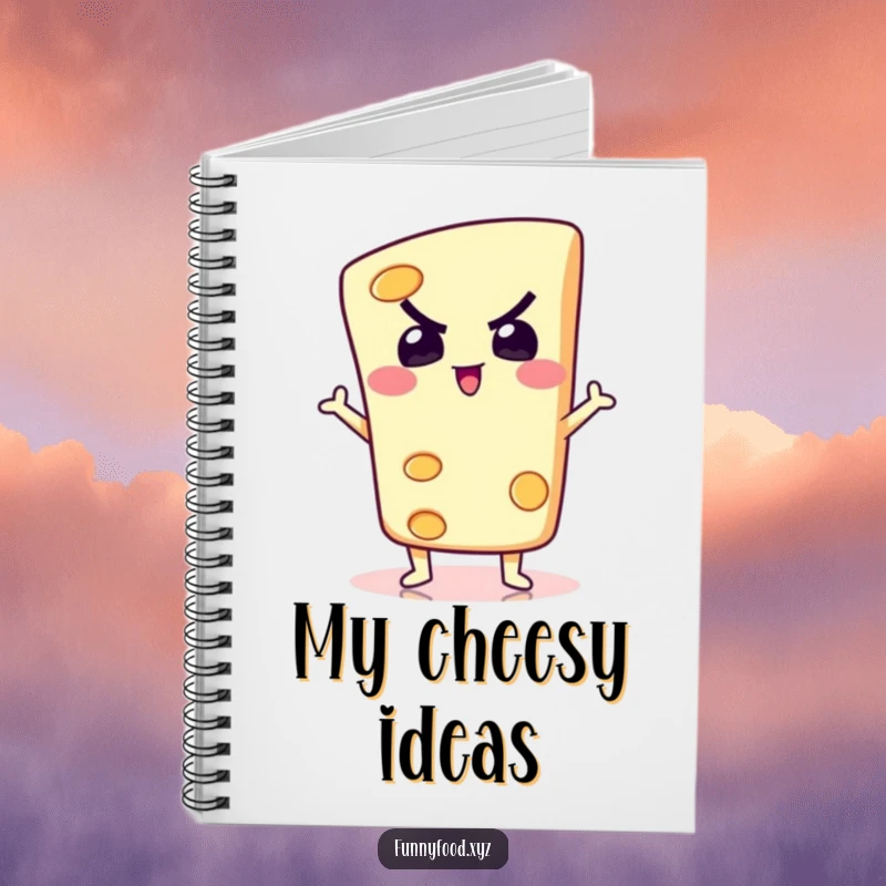 A determined slice of cheese striking a silly pose, inspiring witty notes in this humorous and cheesy notebook.