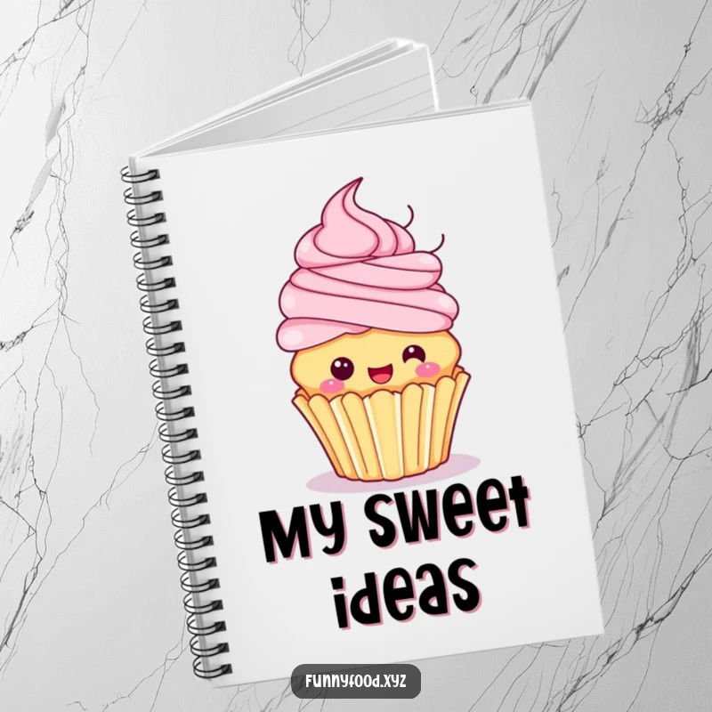 Funny notebook with a playful cupcake with frosting hair excitedly spinning, perfect for notes and creative brainstorming.